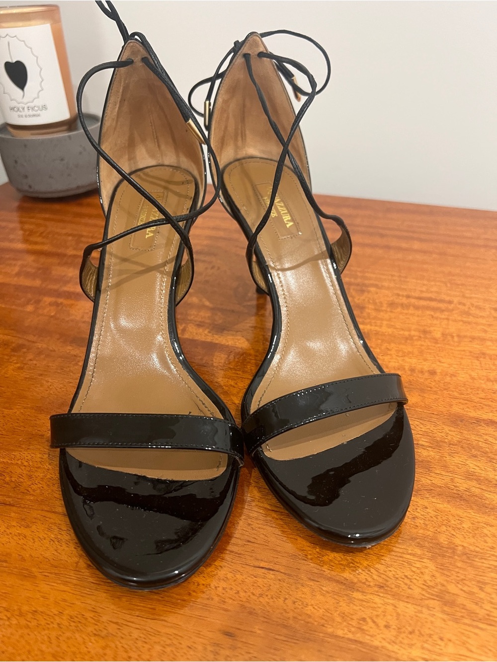 Aquazzura Black Patent Lace-Up Heeled Sandals